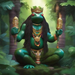 A majestic Grung frog person god standing atop a stone altar in a lush jungle