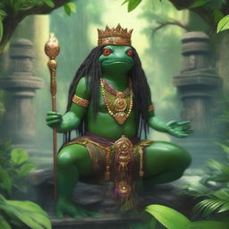 A majestic Grung frog person god standing atop a stone altar in a lush jungle