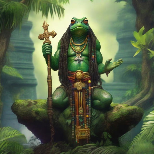 A majestic Grung frog person god standing atop a stone altar in a lush jungle