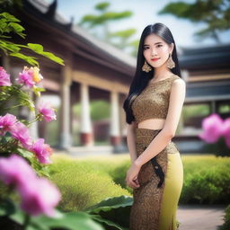 A beautiful Thai girl with long, flowing black hair, wearing traditional Thai clothing, standing in a lush, green garden with vibrant flowers and a serene atmosphere