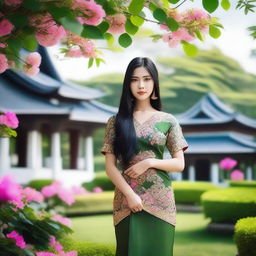 A beautiful Thai girl with long, flowing black hair, wearing traditional Thai clothing, standing in a lush, green garden with vibrant flowers and a serene atmosphere