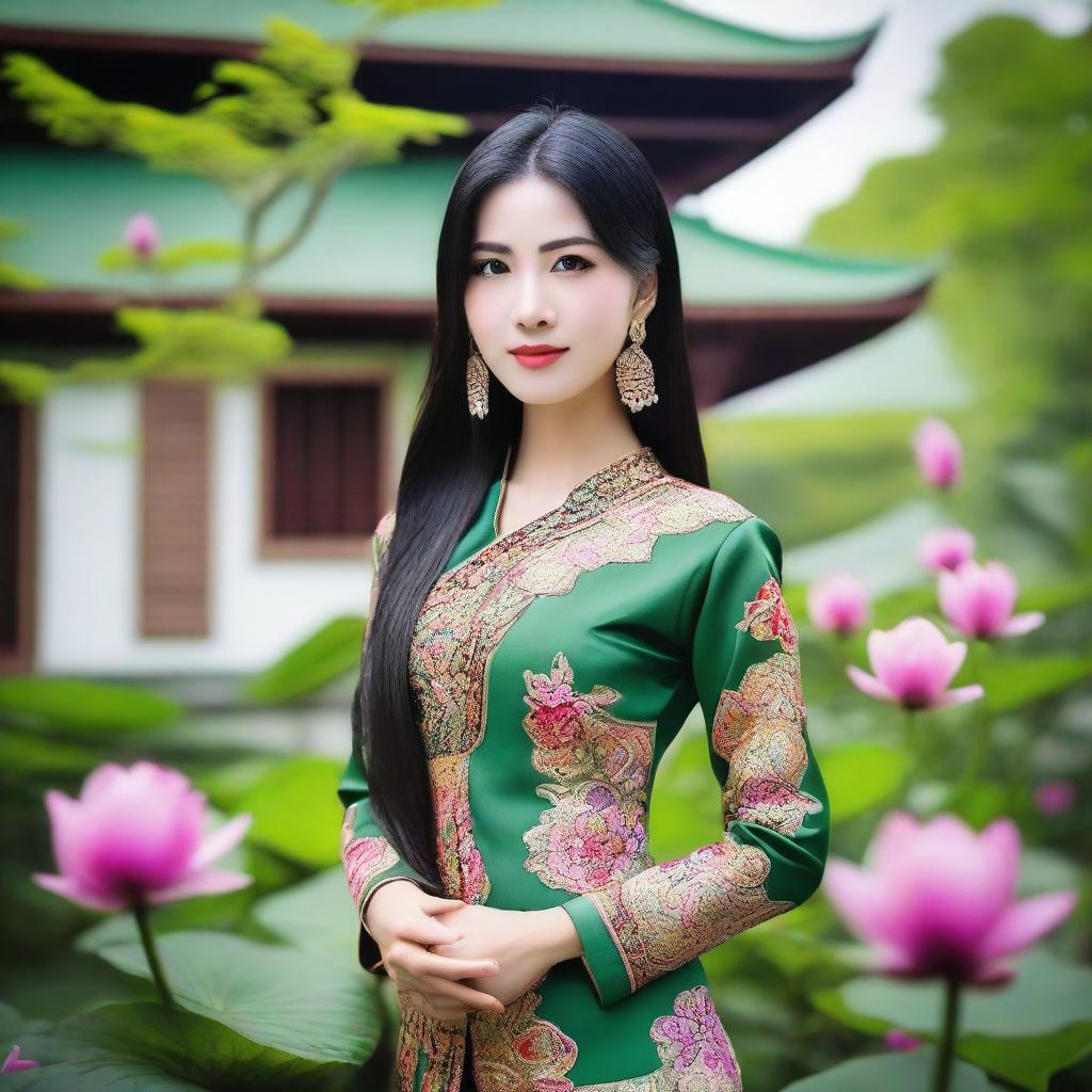 A beautiful Thai girl with long, flowing black hair, wearing traditional Thai clothing, standing in a lush, green garden with vibrant flowers and a serene atmosphere