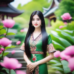 A beautiful Thai girl with long, flowing black hair, wearing traditional Thai clothing, standing in a lush, green garden with vibrant flowers and a serene atmosphere