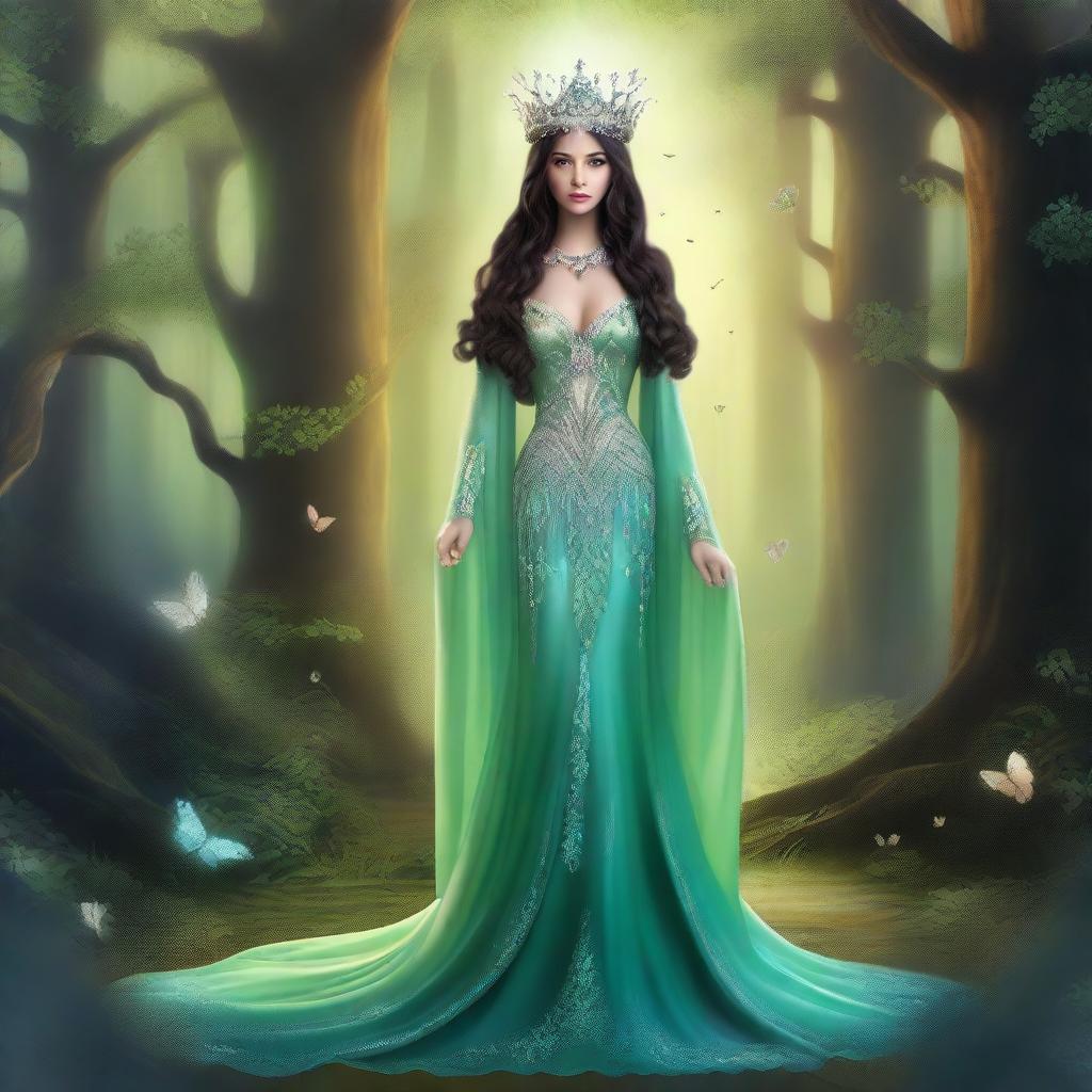 Create an image of a mythical queen standing in a grand, enchanted forest