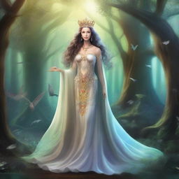 Create an image of a mythical queen standing in a grand, enchanted forest