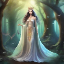 Create an image of a mythical queen standing in a grand, enchanted forest