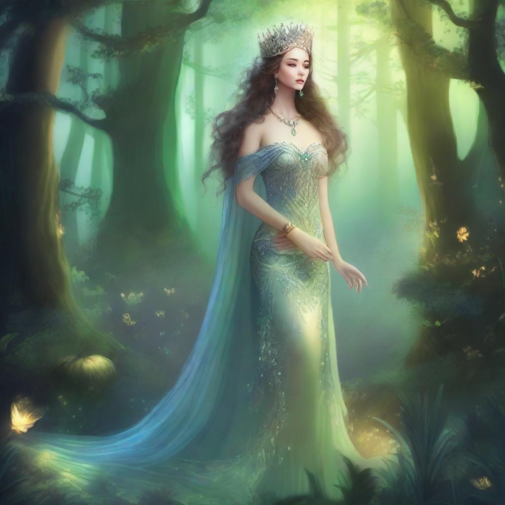 Create an image of a mythical queen standing in a grand, enchanted forest