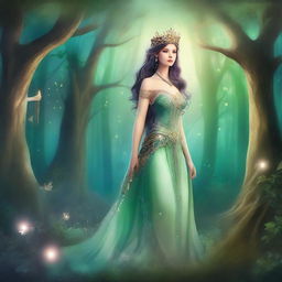 Create an image of a mythical queen standing in a grand, enchanted forest