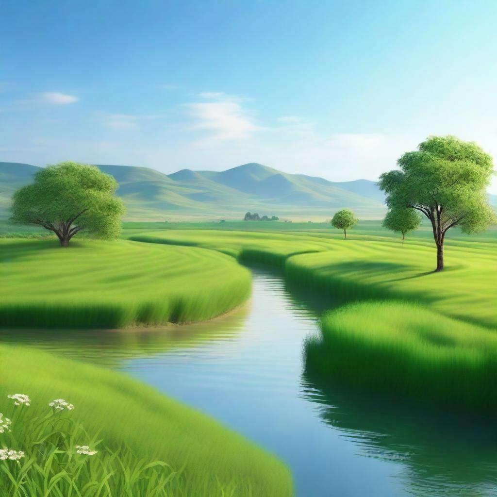 A beautiful landscape with a clear blue sky, lush green fields, and a serene river flowing through the middle