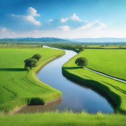 A beautiful landscape with a clear blue sky, lush green fields, and a serene river flowing through the middle