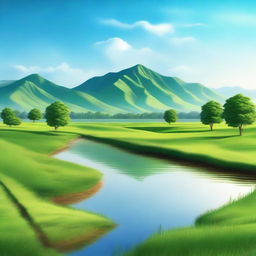 A beautiful landscape with a clear blue sky, lush green fields, and a serene river flowing through the middle