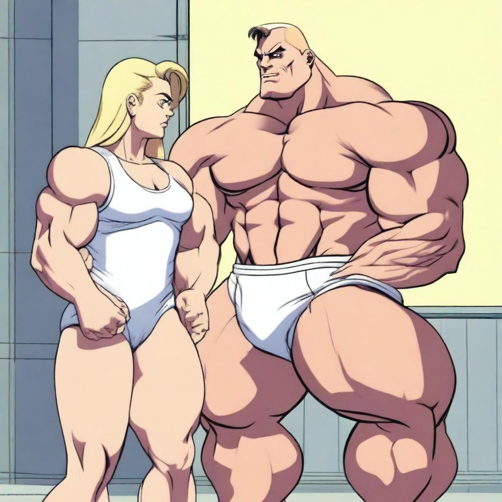 A giant, muscular young white female bodybuilder wearing a diaper, towering over a much smaller man who cannot even reach her knees