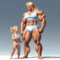 A giant, muscular young white female bodybuilder wearing a diaper, towering over a much smaller man who cannot even reach her knees