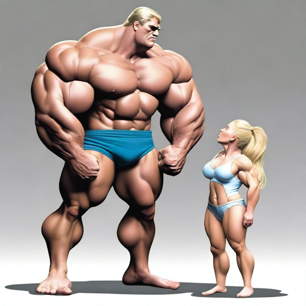 A giant, muscular young white female bodybuilder wearing a diaper, towering over a much smaller man who cannot even reach her knees