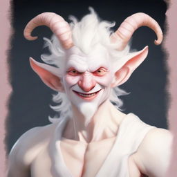 A jolly, tall, grinning albino satyr with one pair of white ram horns and a human face with striking bone structure and a strong jawline