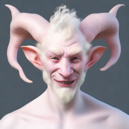 A jolly, tall, grinning albino satyr with one pair of white ram horns and a human face with striking bone structure and a strong jawline