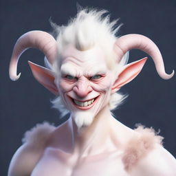 A jolly, tall, grinning albino satyr with one pair of white ram horns and a human face with striking bone structure and a strong jawline