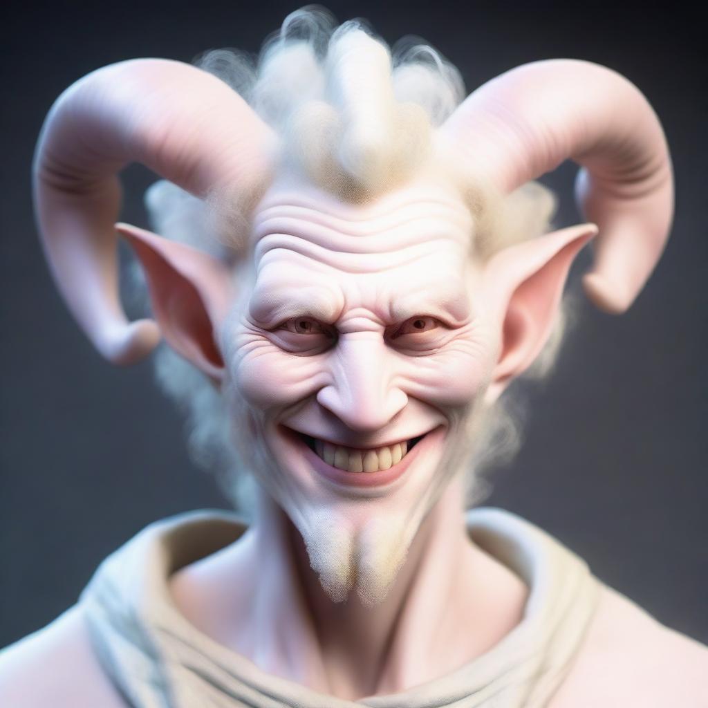 A jolly, tall, grinning albino satyr with one pair of white ram horns and a human face with striking bone structure and a strong jawline