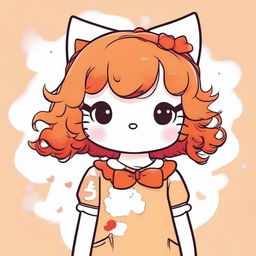 A cute illustration of Hello Kitty featuring ginger curly hair and bangs