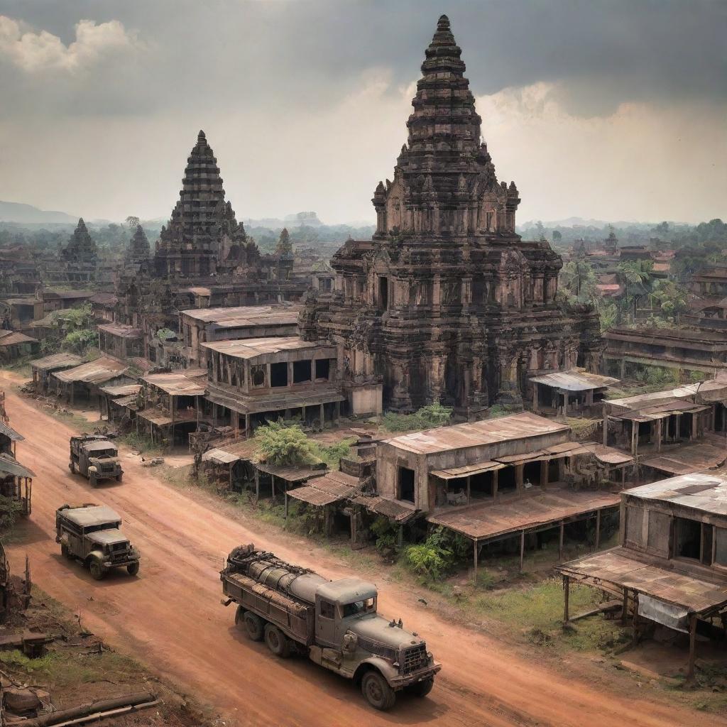 Cambodian landscape melded with a dieselpunk theme, blending traditional Cambodian architecture and cultural elements with futuristic, industrial dieselpunk machinery and buildings.