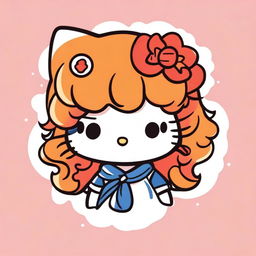 A cute illustration of Hello Kitty featuring ginger curly hair and bangs, drawn in the style of older Sanrio days