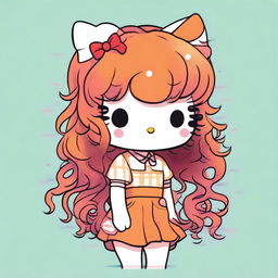 A cute illustration of Hello Kitty featuring ginger curly hair and bangs, drawn in the style of older Sanrio days