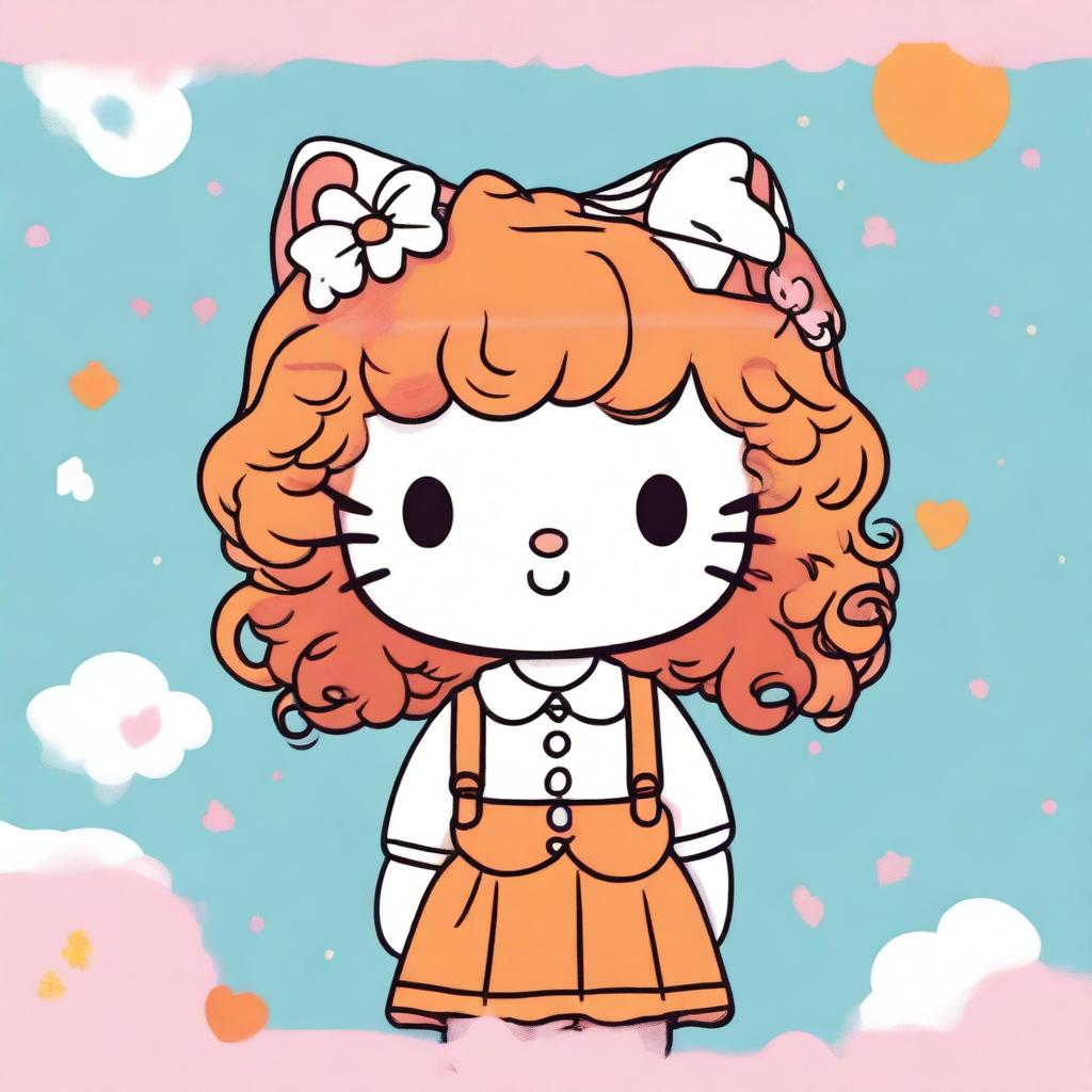 A cute illustration of Hello Kitty featuring ginger curly hair and bangs, drawn in the style of older Sanrio days