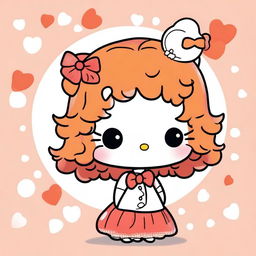 A cute illustration of Hello Kitty featuring ginger curly hair and bangs, drawn in the style of older Sanrio days