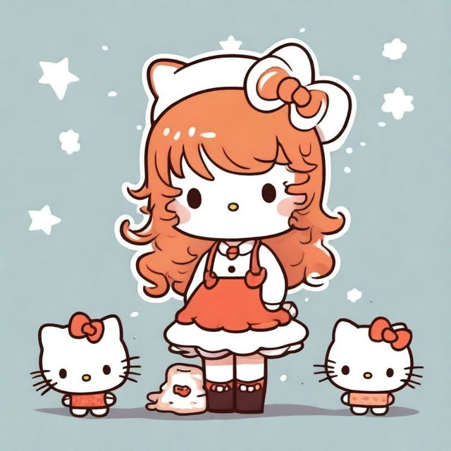 A cute illustration of Hello Kitty featuring long, ginger curly hair and bangs, drawn in the style of older Sanrio days