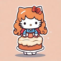 A cute illustration of Hello Kitty featuring long, ginger curly hair and bangs, drawn in the style of older Sanrio days