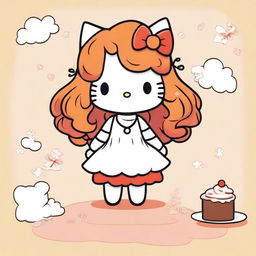 A cute illustration of Hello Kitty featuring long, ginger curly hair and bangs, drawn in the style of older Sanrio days