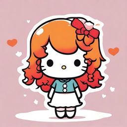 A cute illustration of Hello Kitty featuring long, ginger curly hair and bangs, drawn in the style of older Sanrio days