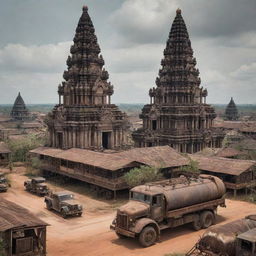 Cambodian landscape melded with a dieselpunk theme, blending traditional Cambodian architecture and cultural elements with futuristic, industrial dieselpunk machinery and buildings.