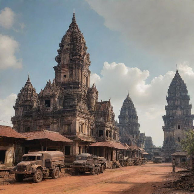 Cambodian landscape melded with a dieselpunk theme, blending traditional Cambodian architecture and cultural elements with futuristic, industrial dieselpunk machinery and buildings.