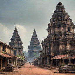 Cambodian landscape melded with a dieselpunk theme, blending traditional Cambodian architecture and cultural elements with futuristic, industrial dieselpunk machinery and buildings.