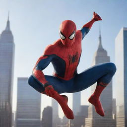 Illustration of Spider-Man in a dynamic action pose, with skyscrapers of New York City in the background under a sunlit sky.