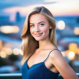 A beautiful young woman with striking blue eyes, exuding confidence and elegance