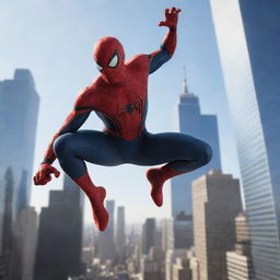 Illustration of Spider-Man in a dynamic action pose, with skyscrapers of New York City in the background under a sunlit sky.