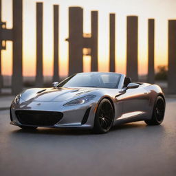 An intricate model of a sleek sports car with a shiny metallic paint job, parked on an empty street at sunset.