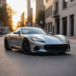 An intricate model of a sleek sports car with a shiny metallic paint job, parked on an empty street at sunset.