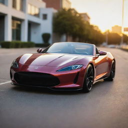 An intricate model of a sleek sports car with a shiny metallic paint job, parked on an empty street at sunset.