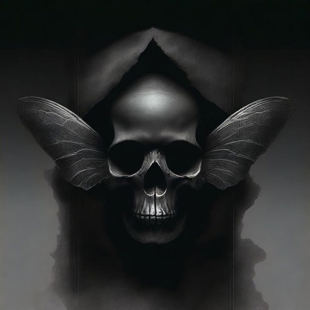 Book cover featuring a shadowed skull superimposed on a black moth, merging them into a single entity