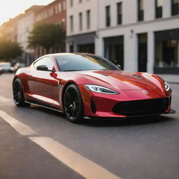 An intricate model of a sleek sports car with a shiny metallic paint job, parked on an empty street at sunset.