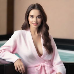 A young and beautiful brunette with a traditional English appearance is sitting in a spa, relaxing