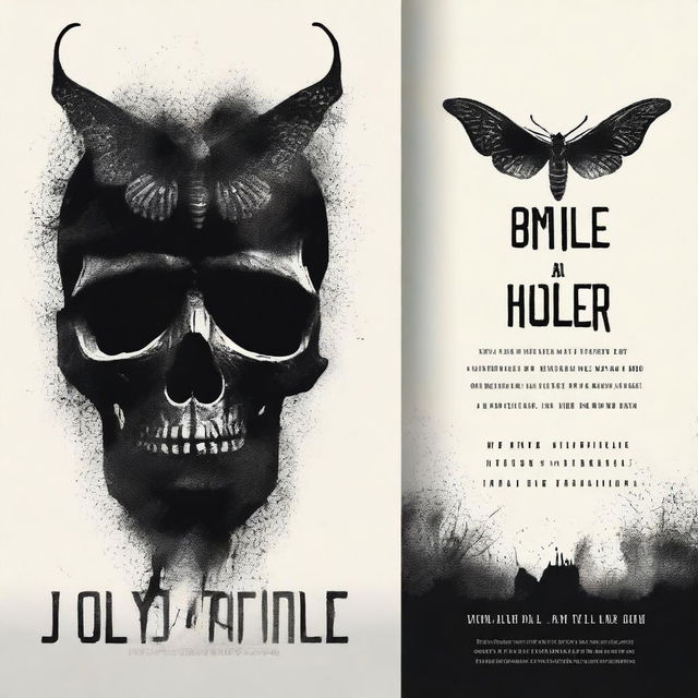 Book cover featuring elements of a serial killer, a black moth, and a skull