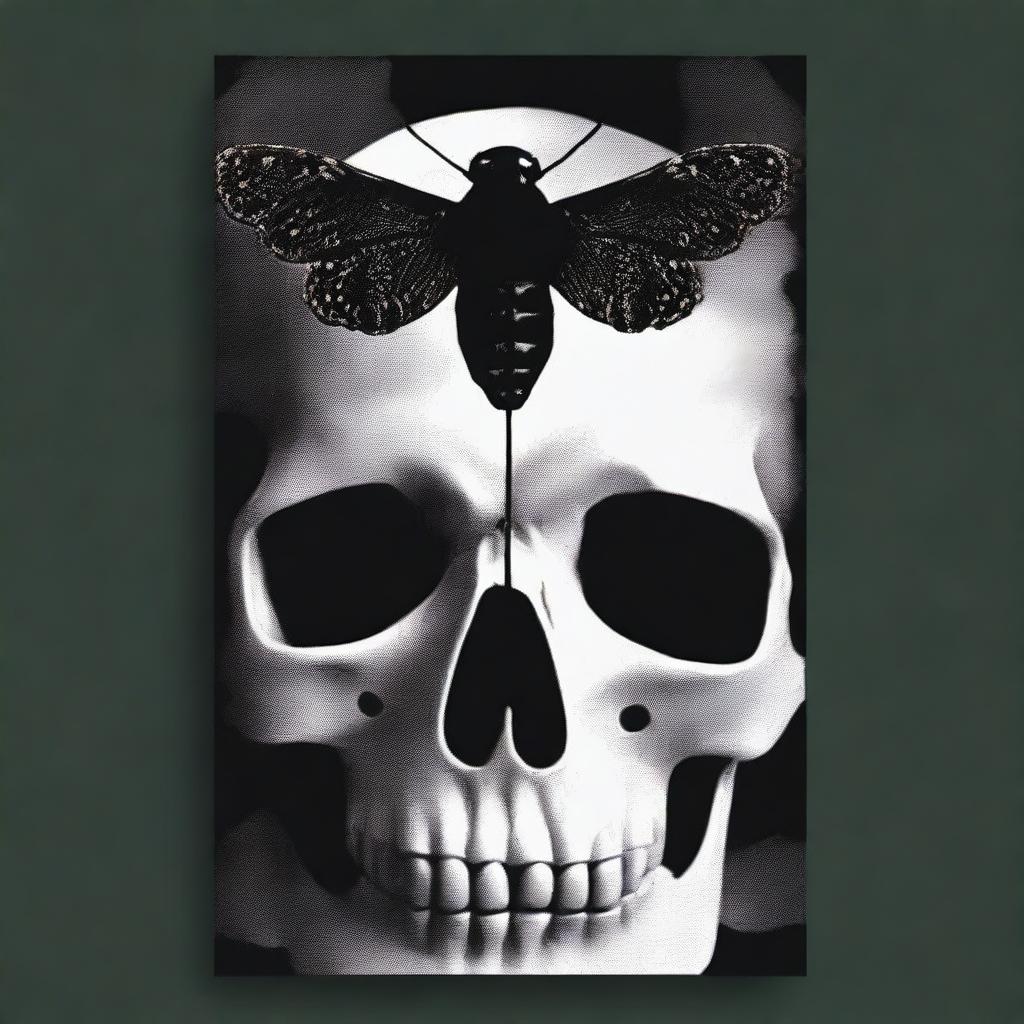 Book cover featuring elements of a serial killer, a black moth, and an almost imperceptible skull fused with the black moth