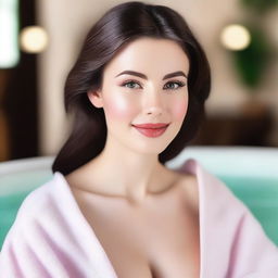 A young, beautiful brunette with a fair complexion and rosy lips is sitting in a spa, relaxing