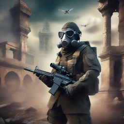 A military machine gunner wearing a gas mask, holding a machine gun in a fantasy world