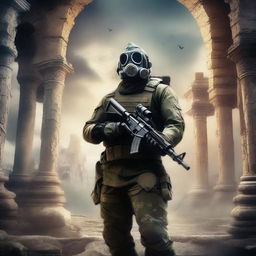 A military machine gunner wearing a gas mask, holding a machine gun in a fantasy world