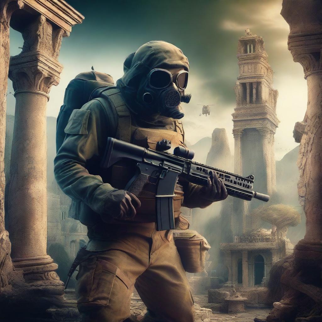 A military machine gunner wearing a gas mask, holding a machine gun in a fantasy world